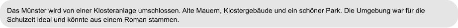 Das Münster wird von einer Klosteranlage umschlossen. Alte Mauern, Klostergebäude und ein schöner Park. Die Umgebung war für die  Schulzeit ideal und könnte aus einem Roman stammen.